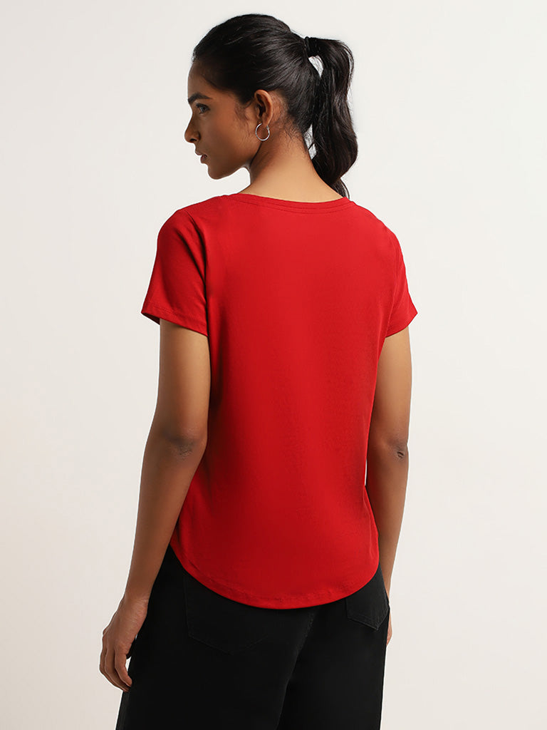 LOV Red Printed Cotton T-Shirt