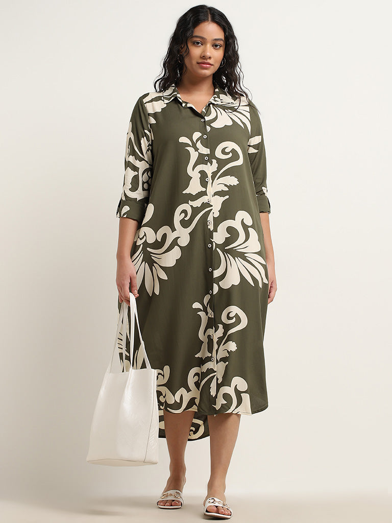 Buy Gia Olive Printed High-Low Shirt Dress from Westside