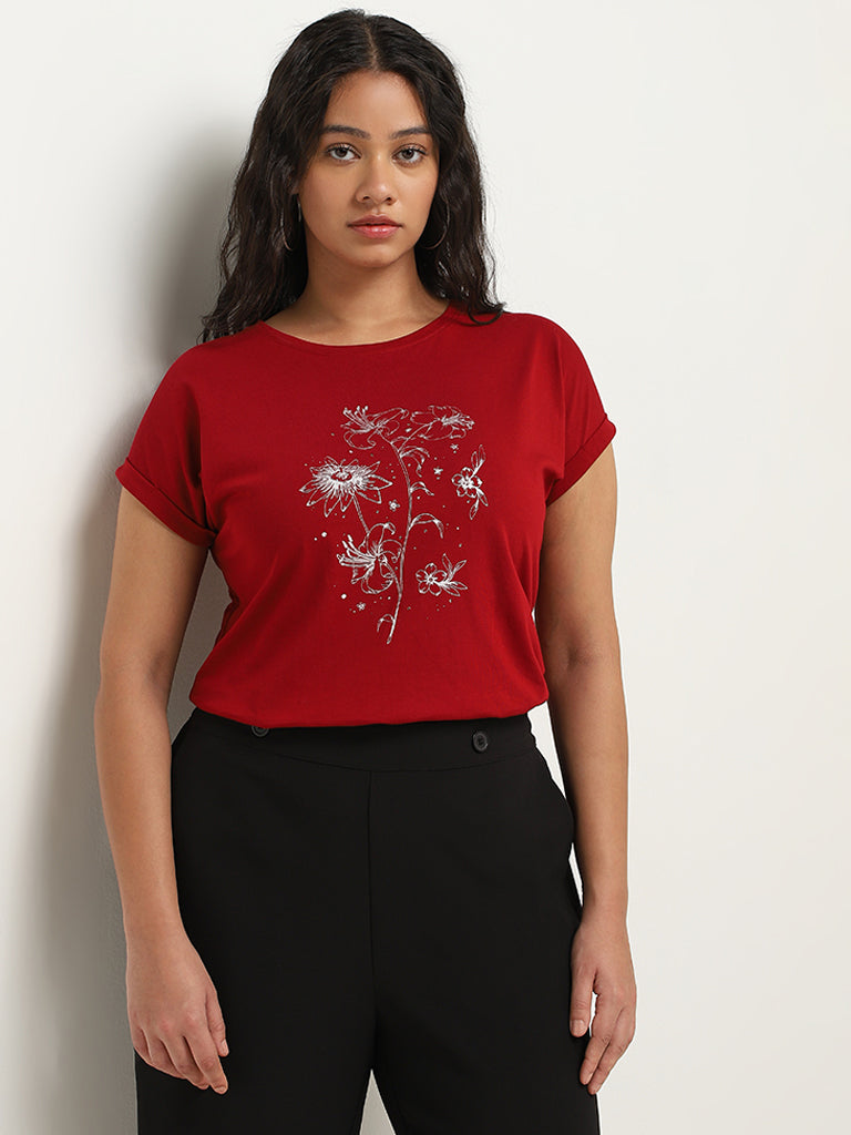 Buy Gia Red Floral Printed Cotton T Shirt from Westside