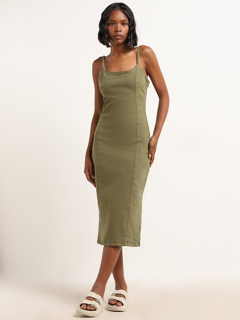 Buy Nuon Olive Bodycon Denim Dress from Westside