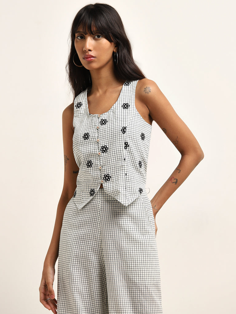 Buy Bombay Paisley Grey Checkered Waistcoat Cotton Blend Top from Westside