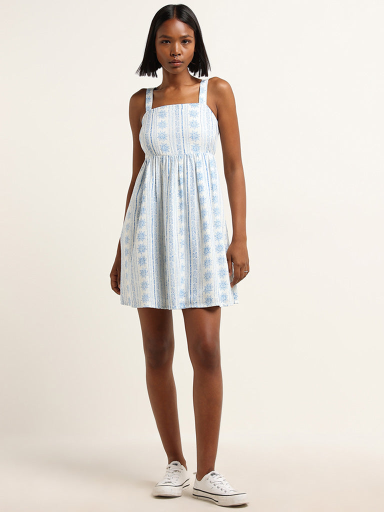 Buy Nuon White Blue Printed Blended Linen Skater Dress from Westside