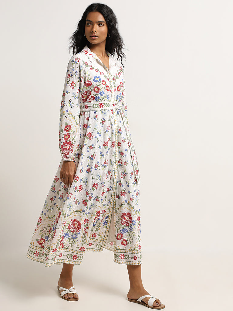 Buy LOV White Floral Schiffli Design Cotton Shirt Dress with Belt from Westside