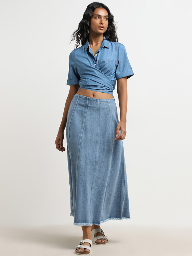 Buy LOV Blue Mid Rise Denim Skirt from Westside