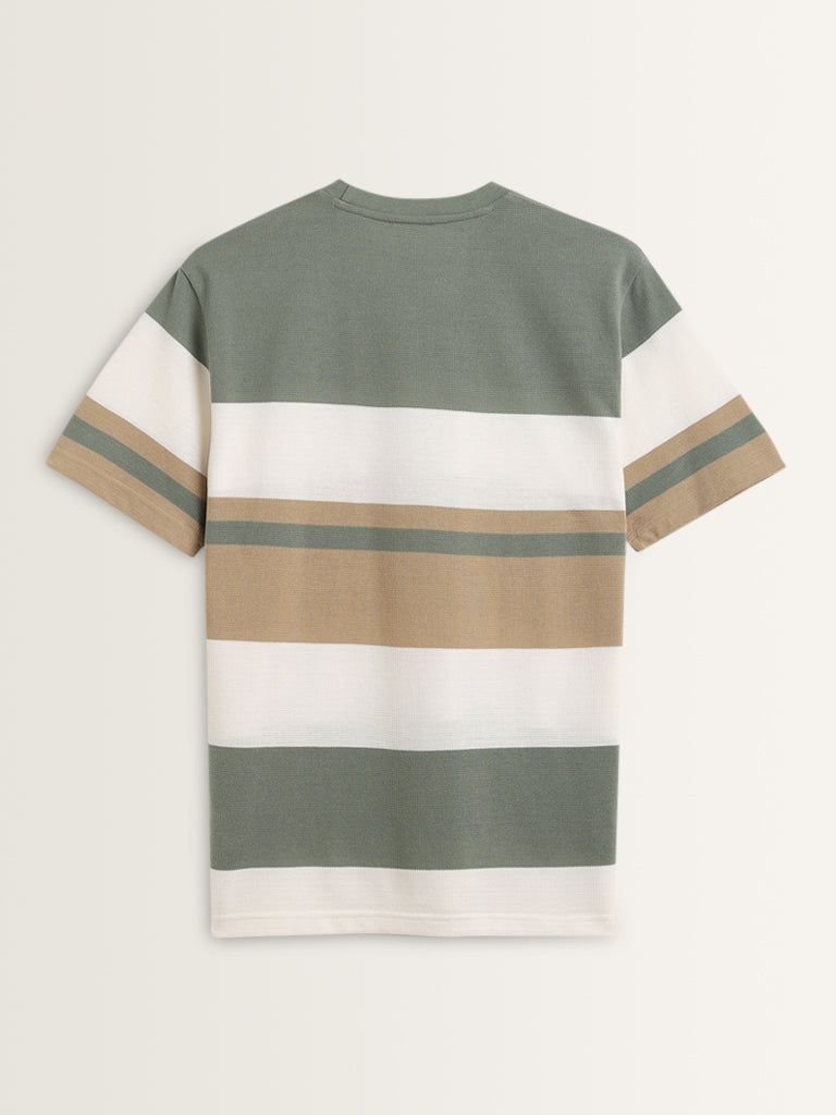 Westside WES Lounge Men's Sage Colour-Blocked Relaxed-Fit Cotton-Blend T-Shirt for Casual Wear Flatly