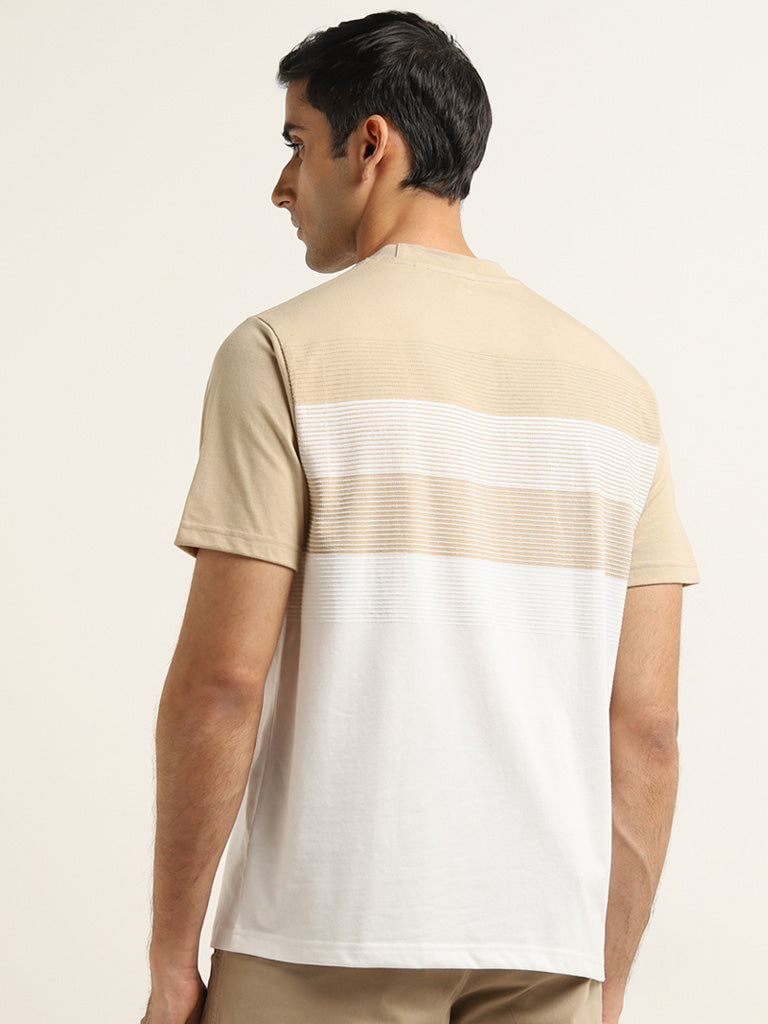 Westside WES Lounge Men's Beige Colour-Blocked Relaxed-Fit Cotton-Blend T-Shirt for Casual Wear Back View