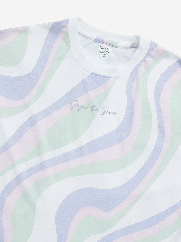 Westside Y&F Girl's Multicolour Wave Design Cotton T-Shirt for Casual Wear Zoomed View