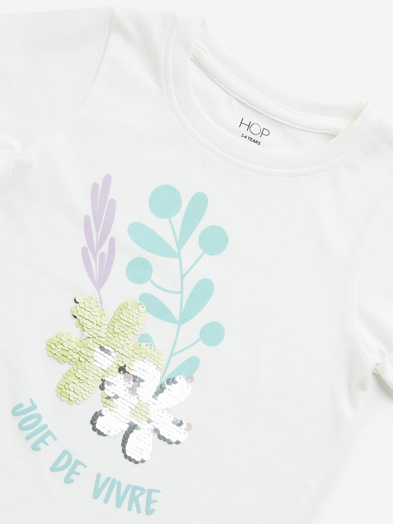 Westside HOP Kids White Floral Embellished Cotton T-Shirt for Casual Wear Zoomed View