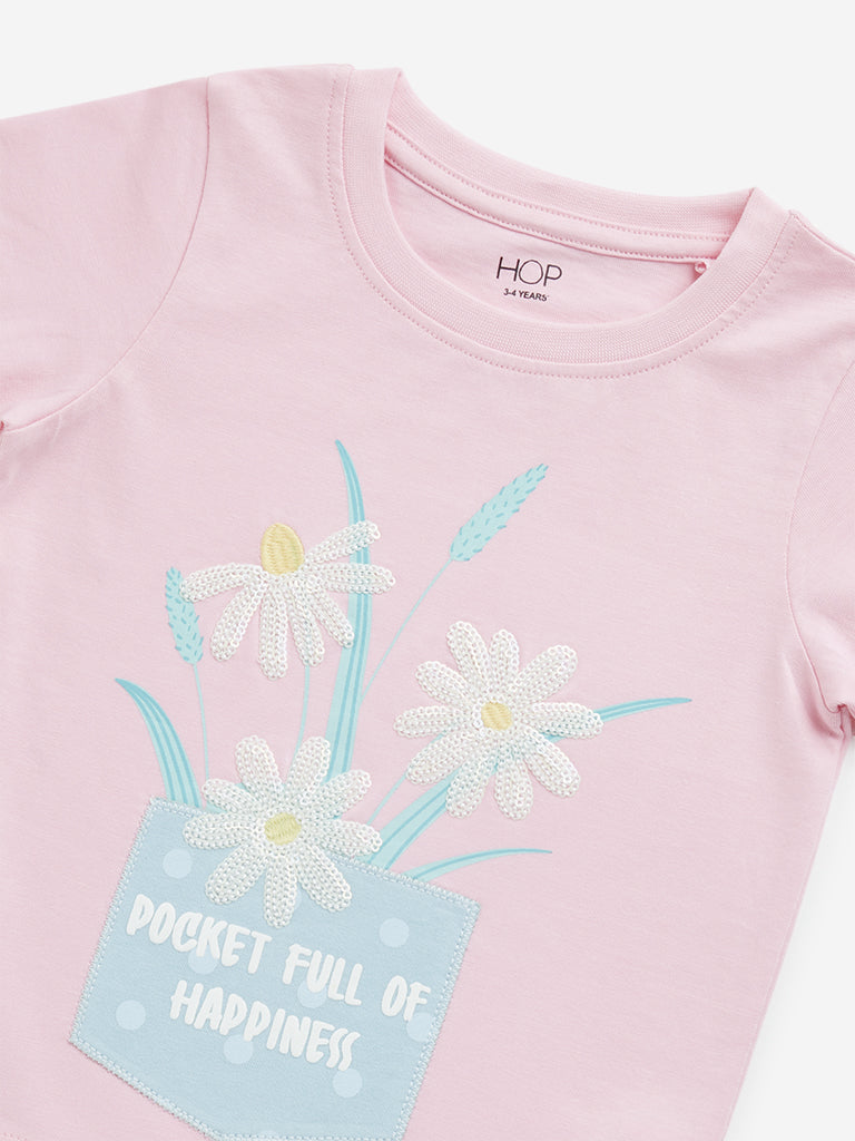 Westside HOP Kids Pink Floral Embroidered Cotton T-Shirt for Casual Wear Zoomed View