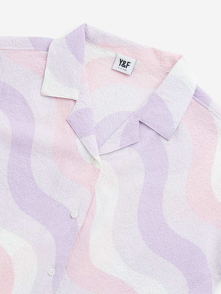 Westside Y&F Girl's Multicolour Abstract Cropped Cotton Shirt for Casual Wear Zoomed View