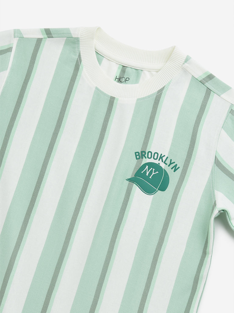 Westside HOP Kids Green Striped Printed Cotton T-Shirt for Casual Wear Zoomed View
