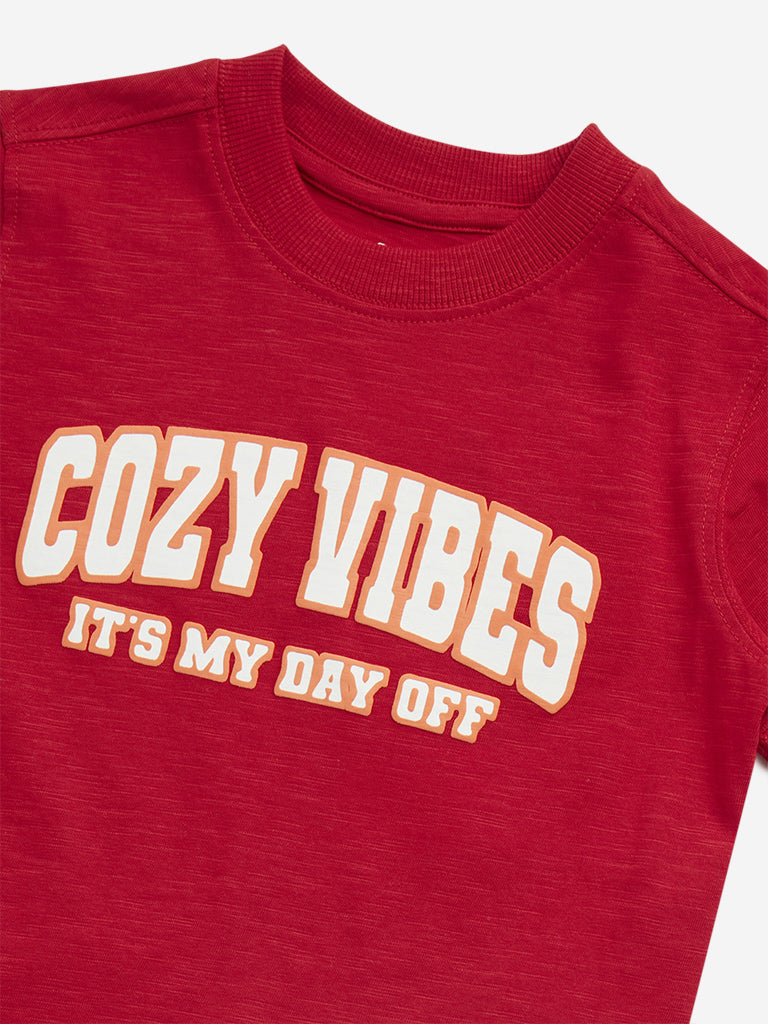 Westside HOP Kids Red Text Printed Cotton T-Shirt for Casual Wear Zoomed View