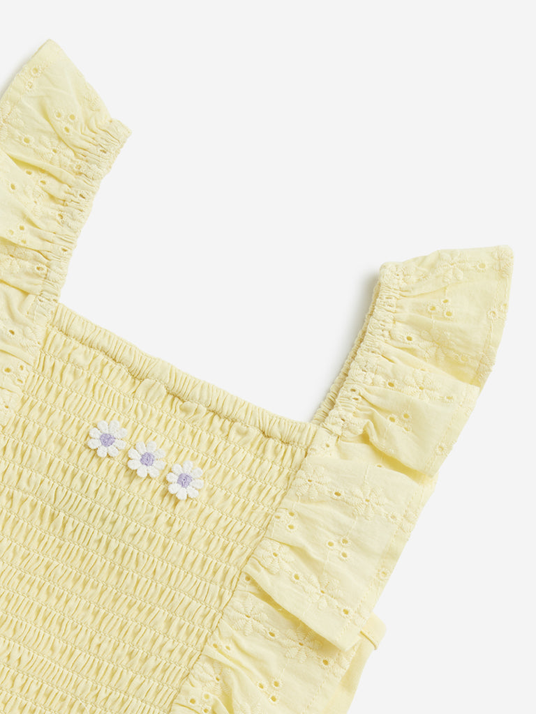 Westside HOP Kids Yellow Schiffli Design Ruffled Cotton Top for Casual Wear Zoomed View