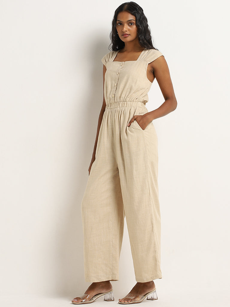 Buy LOV Beige Blended Linen Jumpsuit from Westside