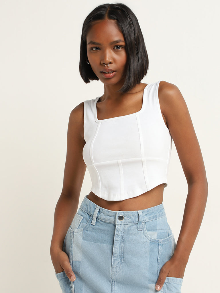 Buy Nuon White Corset Style Cotton Blend Top from Westside