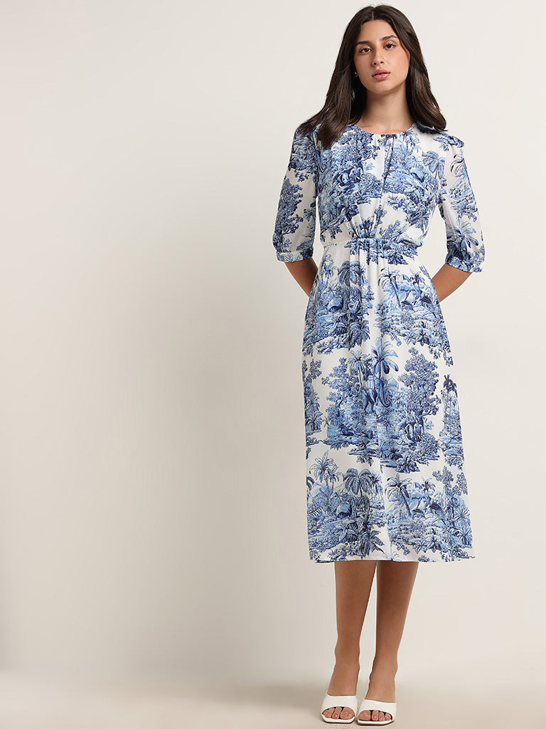 Wardrobe Ivory Blue Foliage Printed Straight Dress