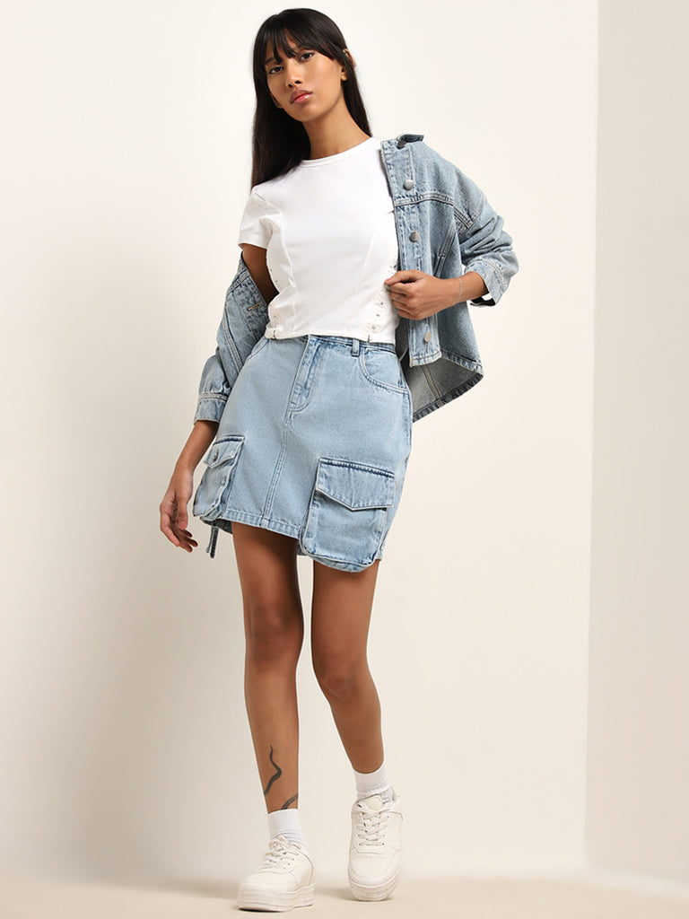 Buy Nuon Light Blue Cargo Style High Rise Denim Skirt from Westside