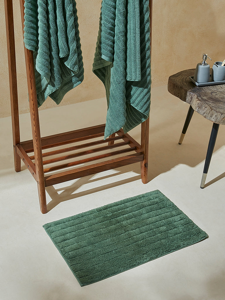 Buy Westside Home Dark Green Self Striped Fluffy Bathmat from Westside