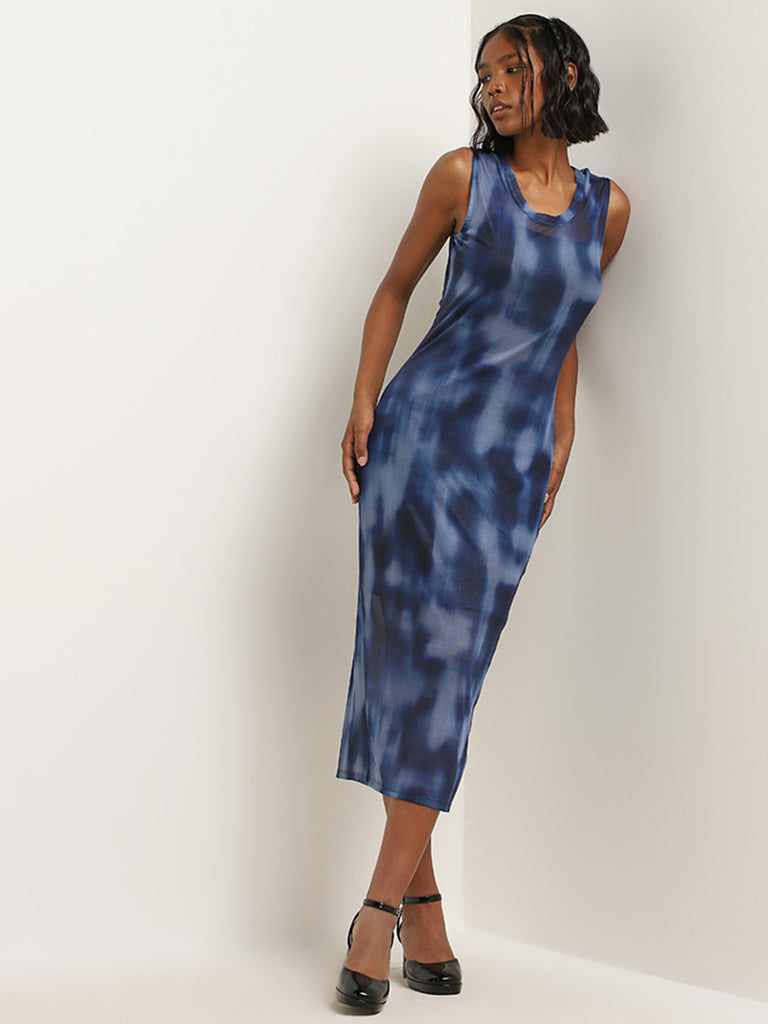 Buy Nuon Navy Tie Dye Patterned Mesh Bodycon Dress from Westside