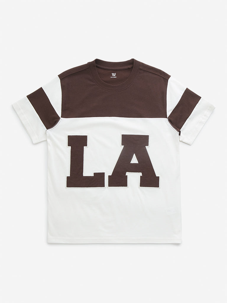 Buy Y&F Kids Brown Text Design Colour-Blocked Cotton T-Shirt from Westside