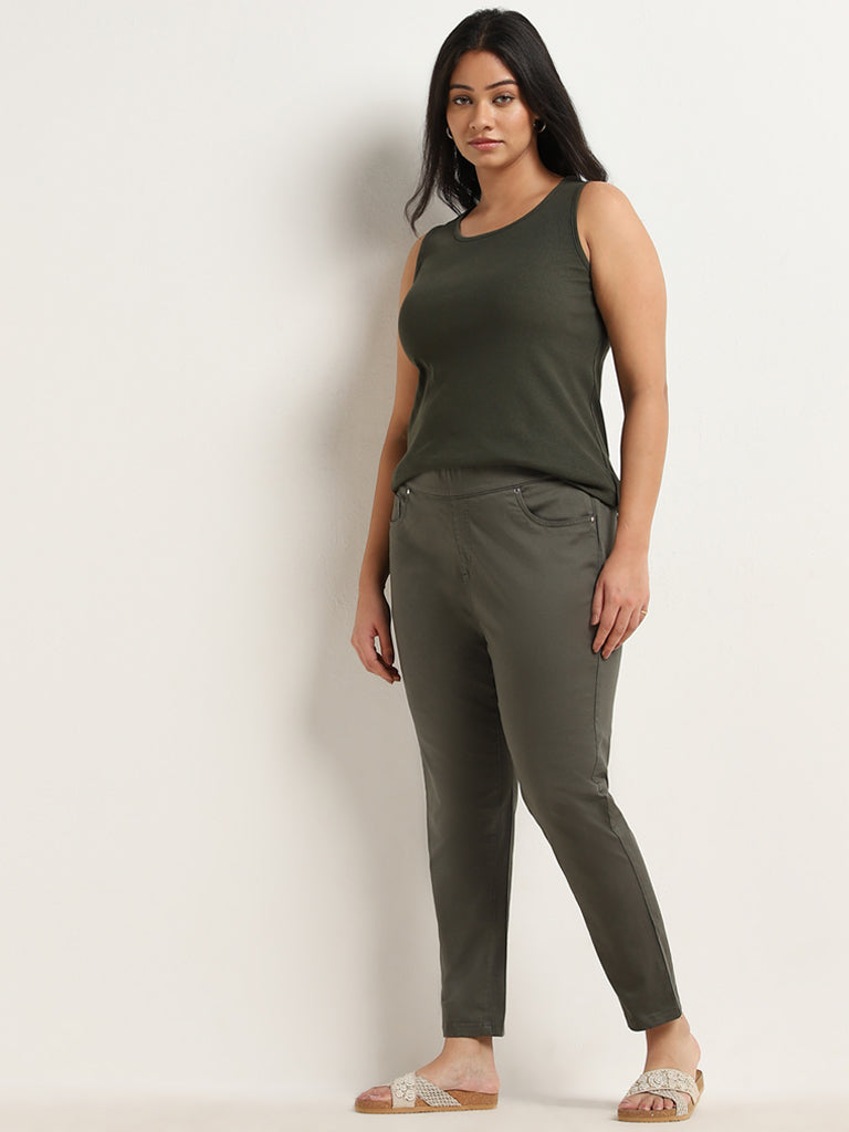 Buy Gia Olive Solid High Rise Cotton Blend Jeggings from Westside