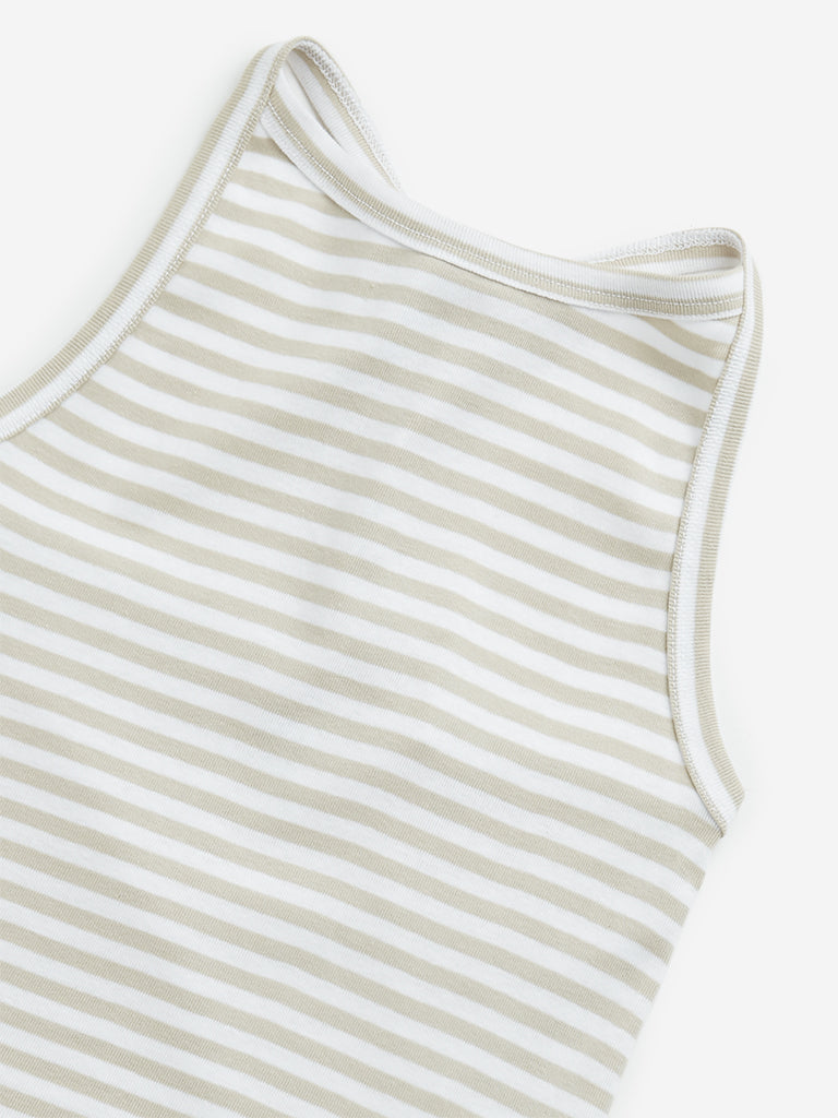 Westside Y&F Girl's Beige Striped Halter-Neck Cotton Top for Casual Wear Zoomed View