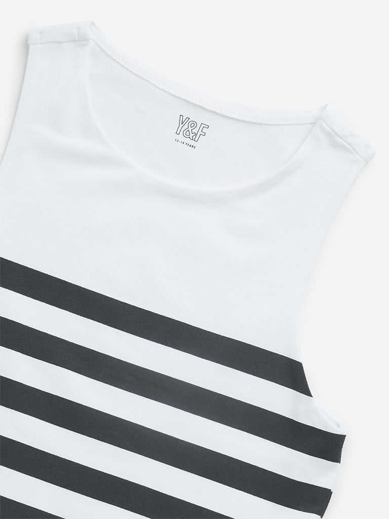 Westside Y&F Girl's Black Striped Cotton T-Shirt for Casual Wear Zoomed View