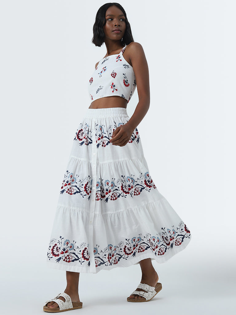 Buy Bombay Paisley White Floral Printed Tiered Cotton Skirt from Westside