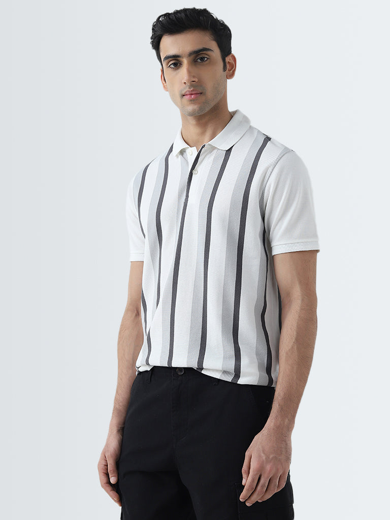 Grey and white striped polo shirt best sale