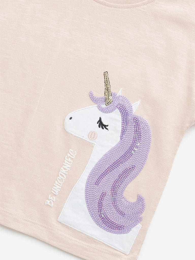 Westside HOP Kids Peach Unicorn Embellished Cotton T-Shirt for Casual Wear Zoomed View