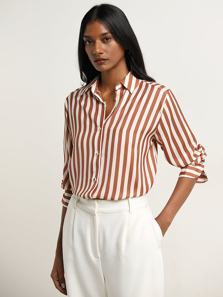 Buy Wardrobe Brown Stripe Printed Shirt from Westside