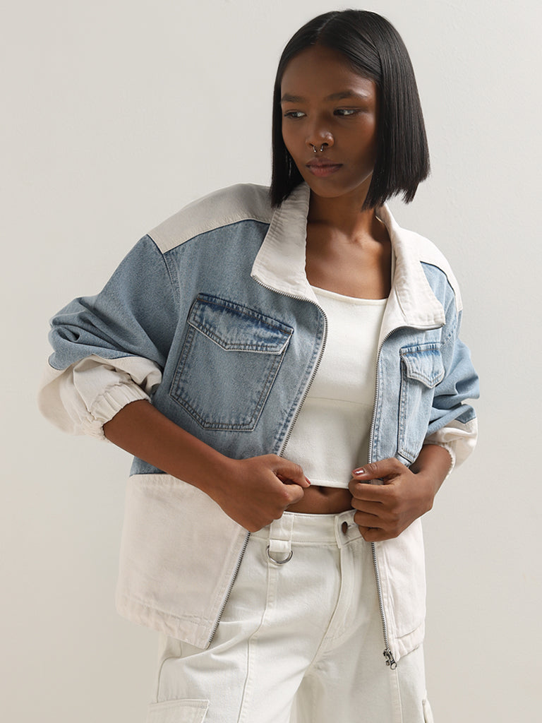 Buy Nuon Light Blue Colour Blocked Denim Jacket from Westside