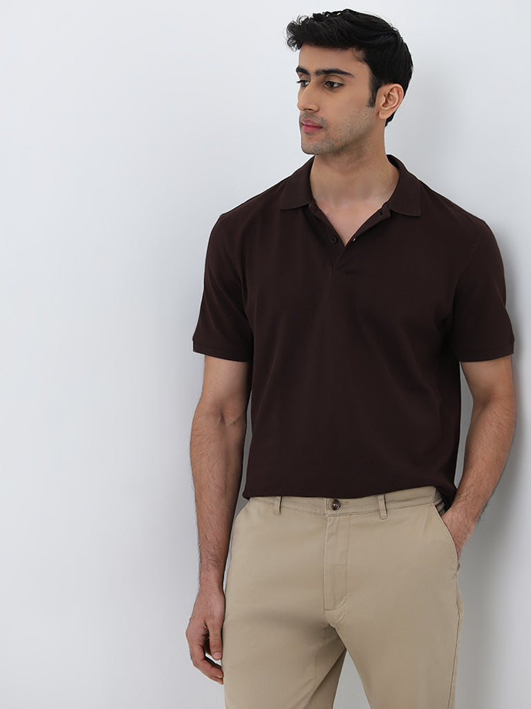 WES Casuals Brown Relaxed Fit Cotton Blend Polo T Shirt