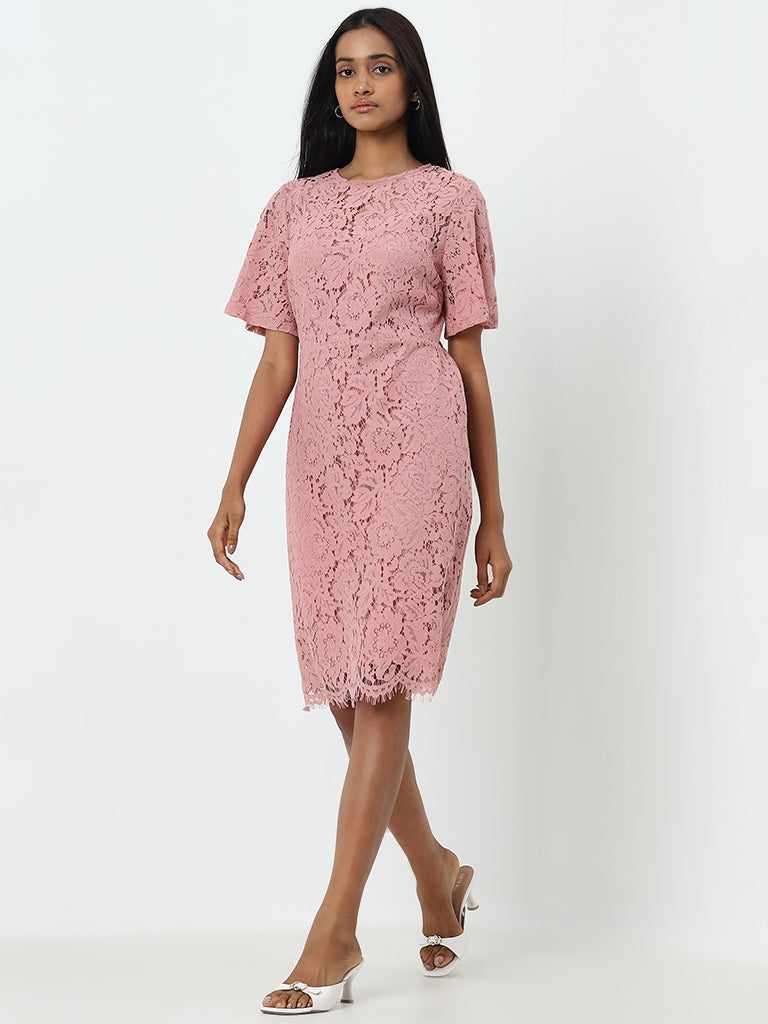 Buy Wardrobe Dusty Pink Floral Lace A Line Dress from Westside