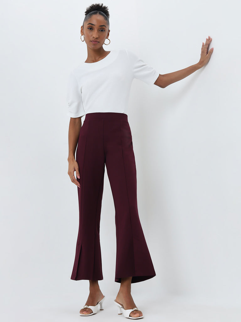 Buy Wardrobe Burgundy Bootcut High-Rise Pants from Westside