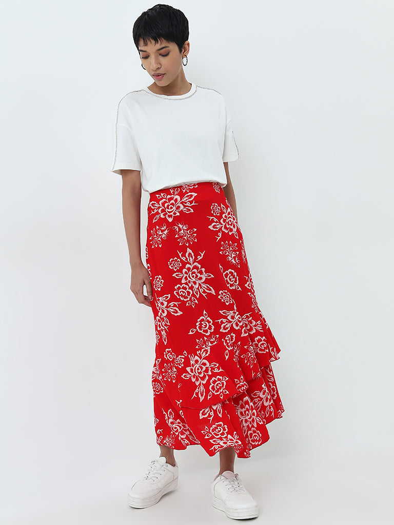 Buy LOV Red Floral Printed Ruffled High Rise Skirt from Westside