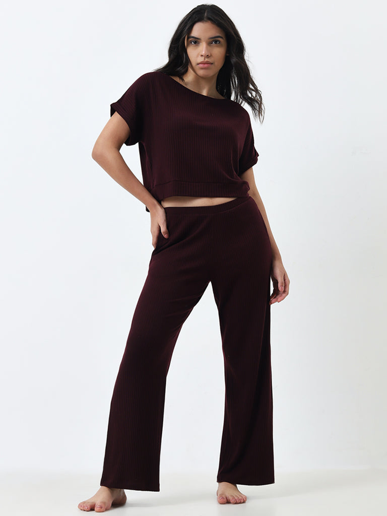 Buy Wunderlove Burgundy Ribbed High-Rise Pants from Westside