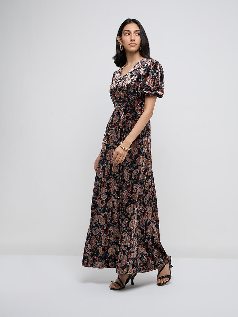 Buy LOV Black Paisley Printed Fit and Flare Velveteen Dress from Westside