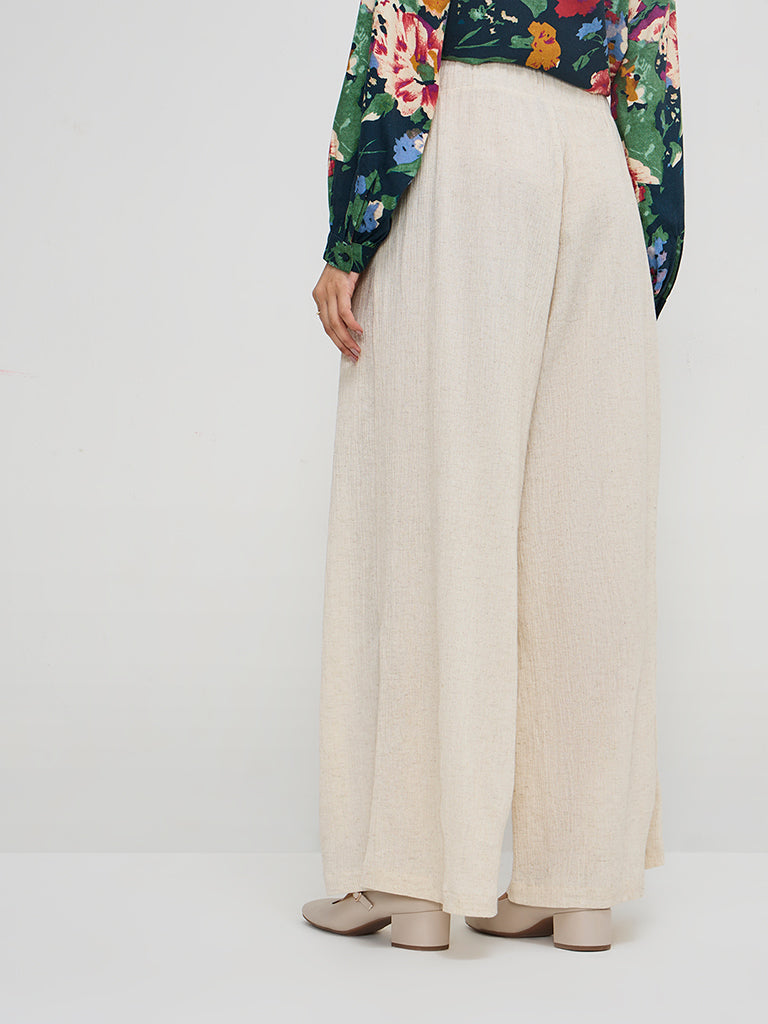 LOV Beige Crinkle-Textured High-Rise Cotton Blend Pants