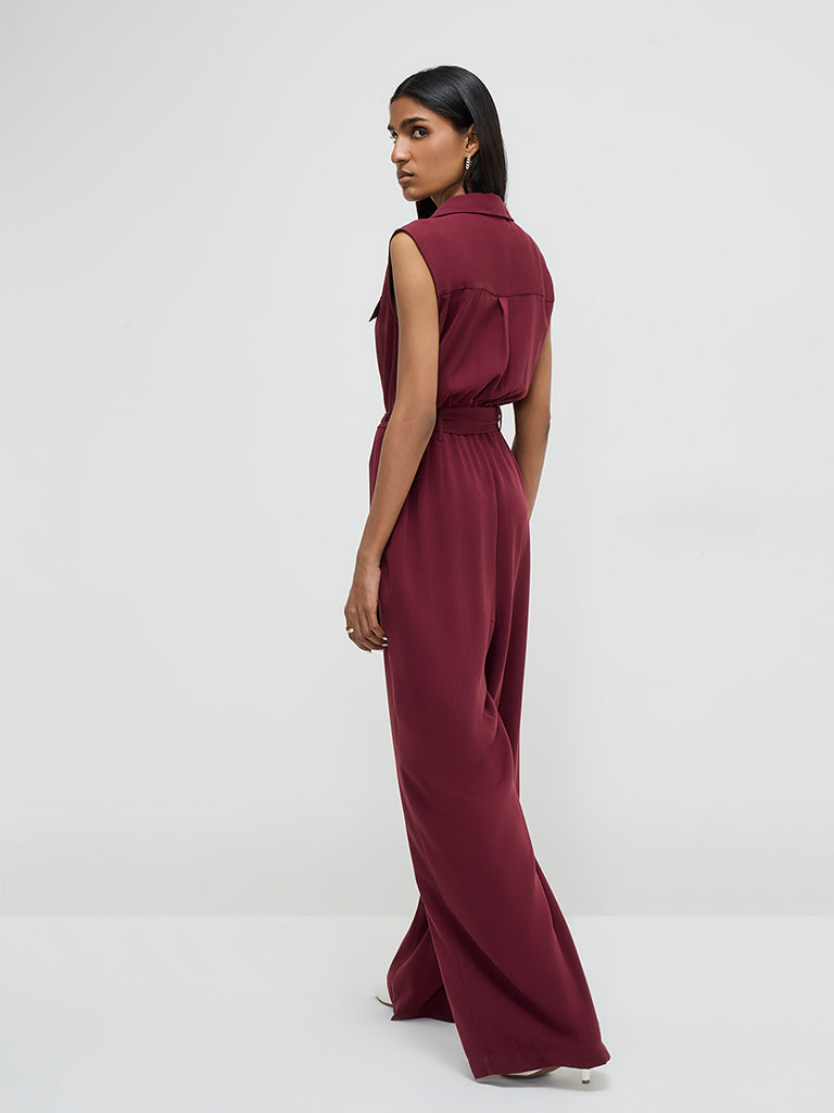 Westside Wardrobe Women's Burgundy Jumpsuit with Belt for Work Wear Back View