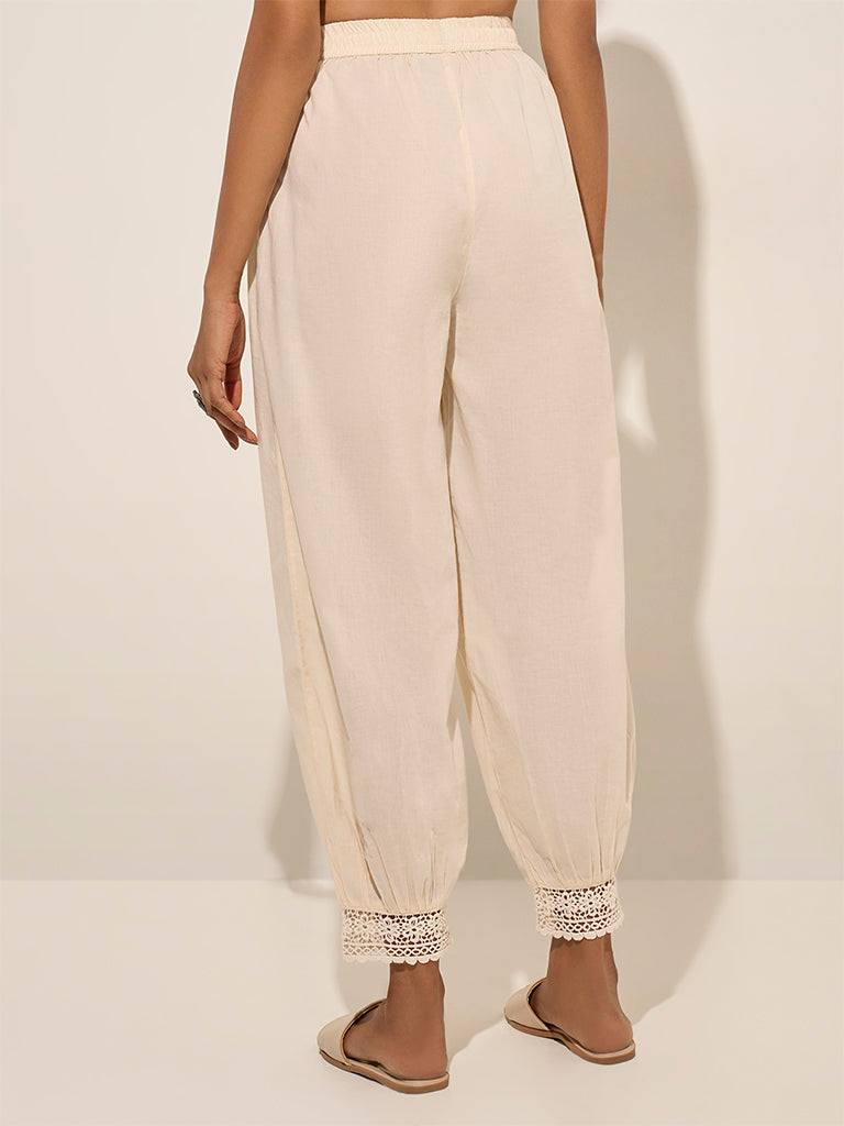 Westside Utsa Women's Light Beige Crochet-Detailed Harem-Style Ethnic Pants for Everyday Back View