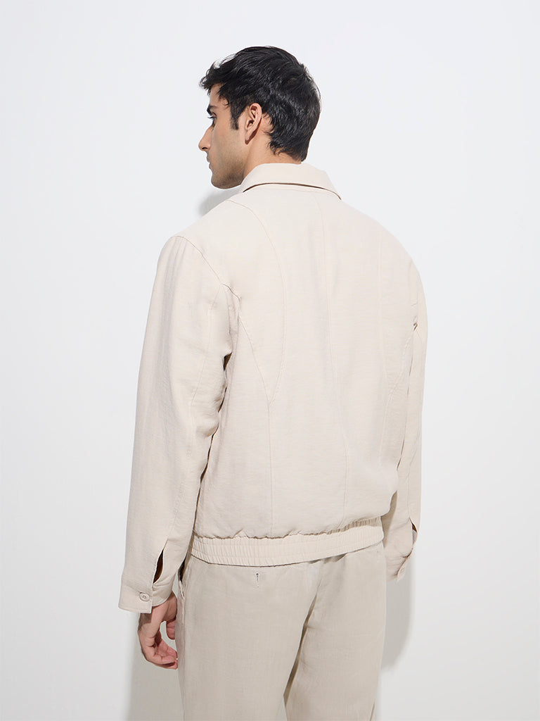 Westside Ascot Men's Beige Solid Relaxed-Fit Jacket for Casual Wear Back View