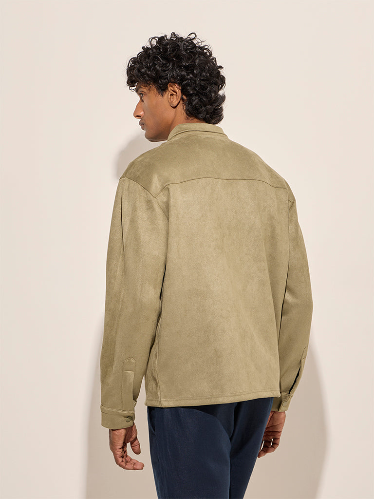 Westside Ascot Men's Olive Faux-Suede Relaxed-Fit Cotton-Blend Jacket for Casual Wear Back View