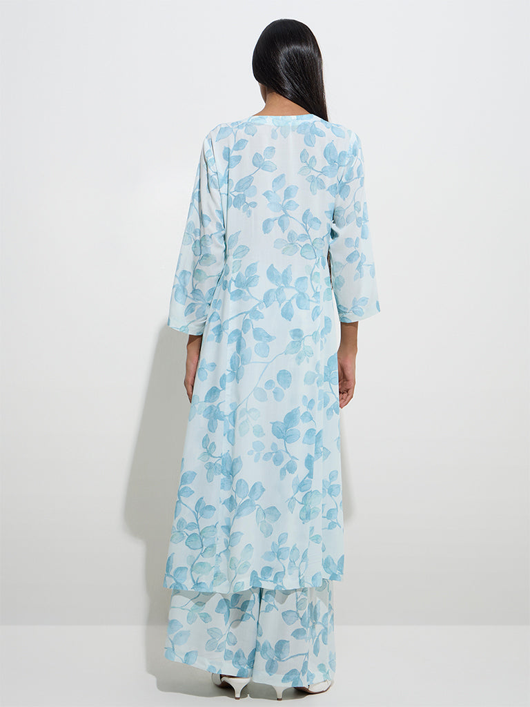 Westside Zuba Women's Blue Botanical Design A-Line Kurta for Work Wear Back View