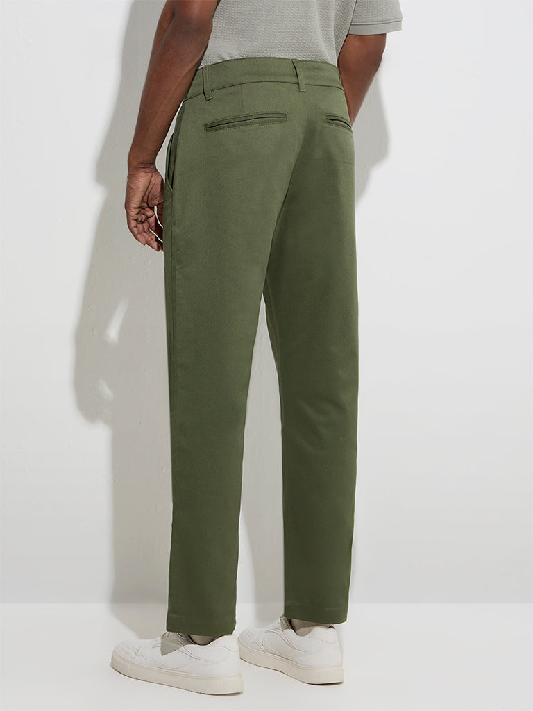 Westside WES Casuals Men's Olive Relaxed-Fit Mid-Rise Cotton-Blend Trousers for Casual Wear Back View