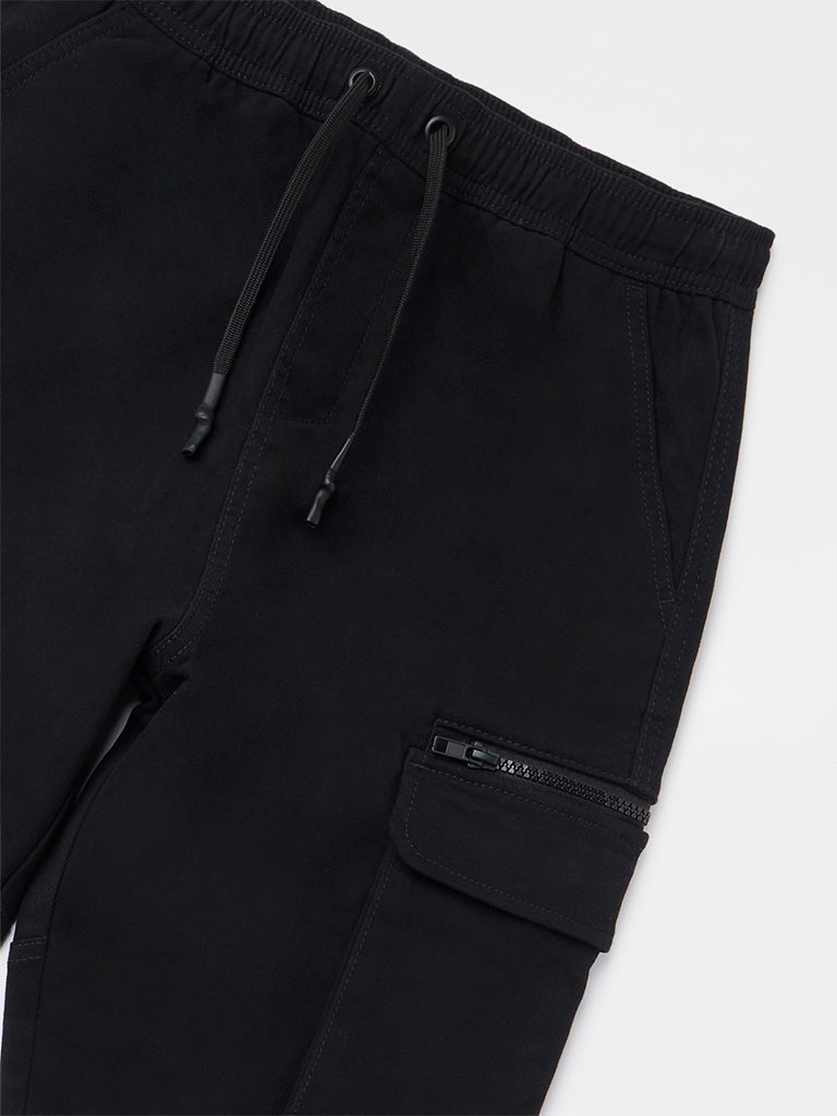 Boys Black Mid-Rise Cotton-Blend Joggers