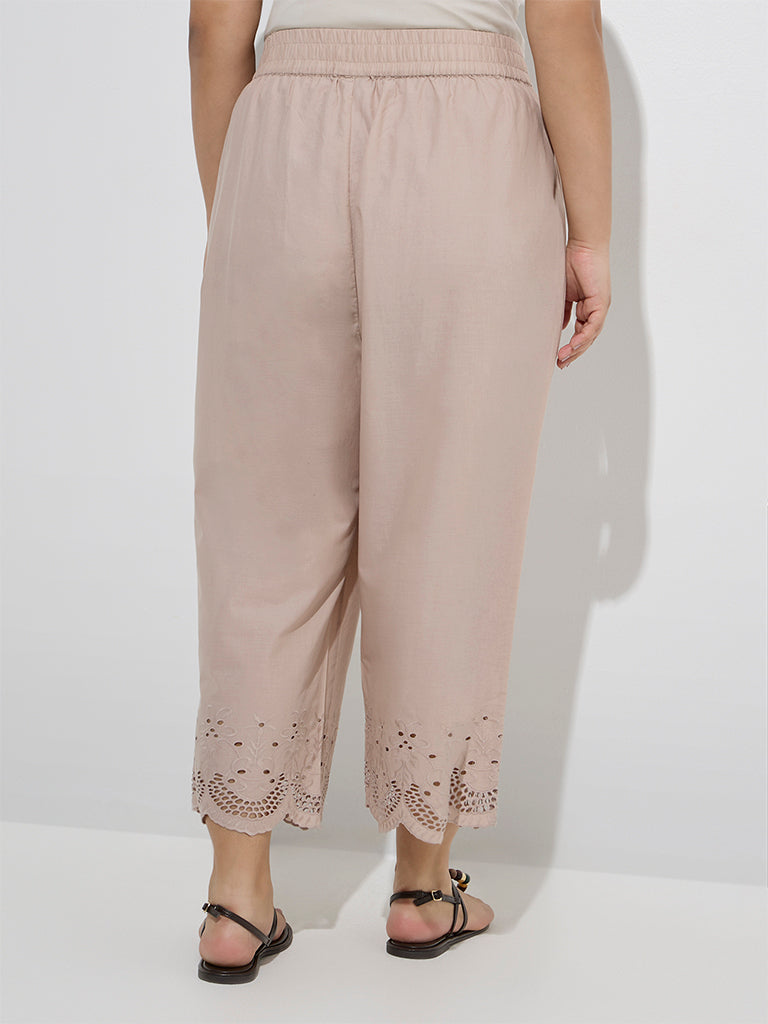 Diza Beige Schiffli Detailed Cotton Ethnic Pants