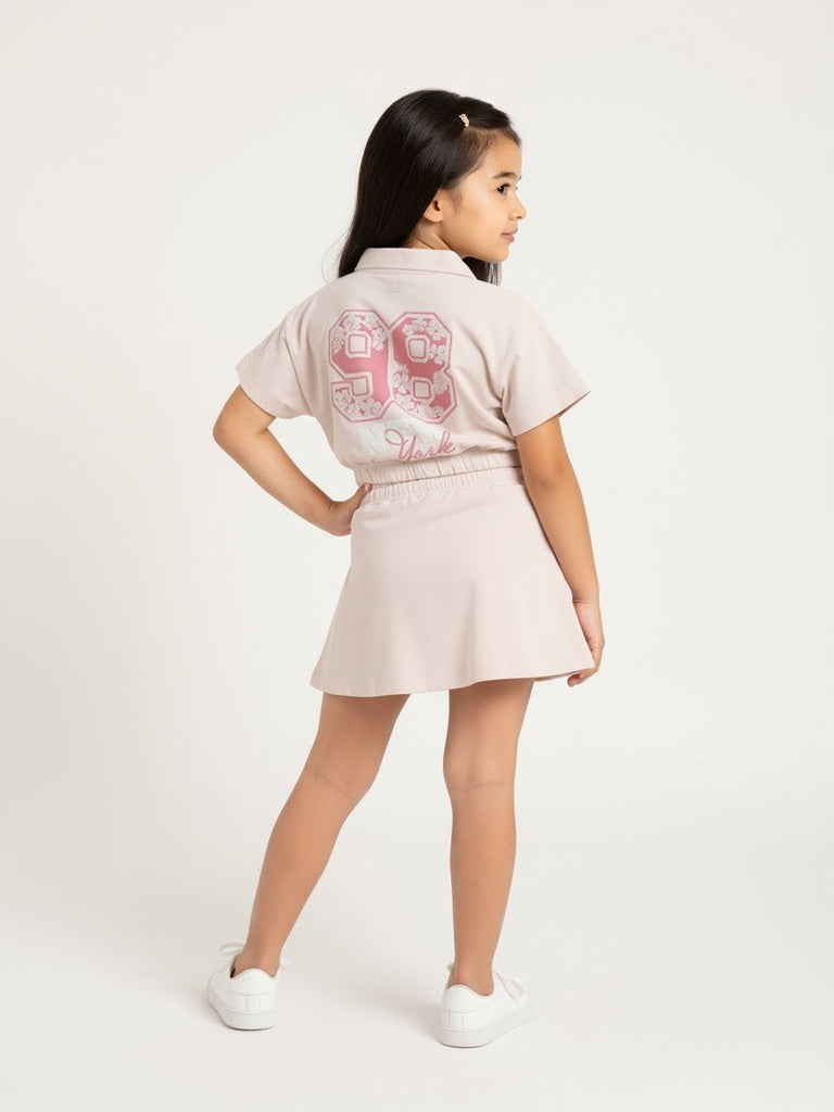 HOP Kids Girls Pink Printed Cotton Polo T-Shirt with Skirt Set