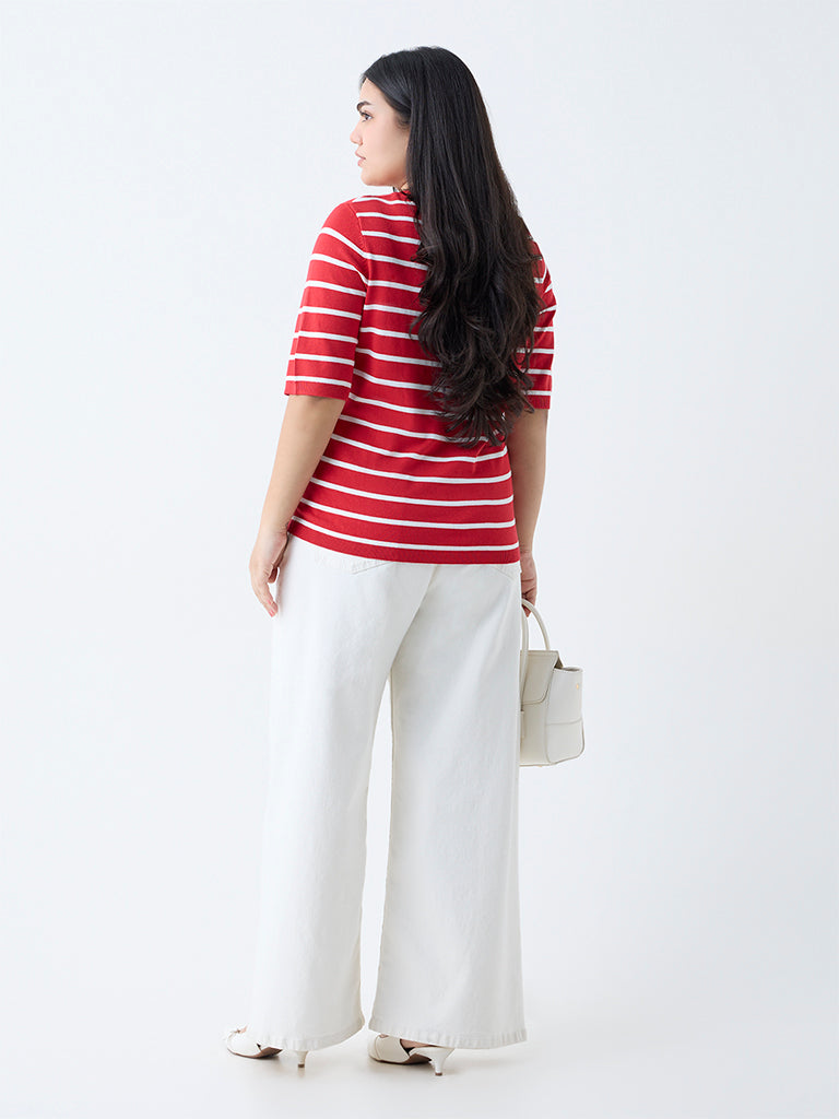 Westside Gia Women's Red Stripe Detailed T-Shirt for Casual Wear Back View