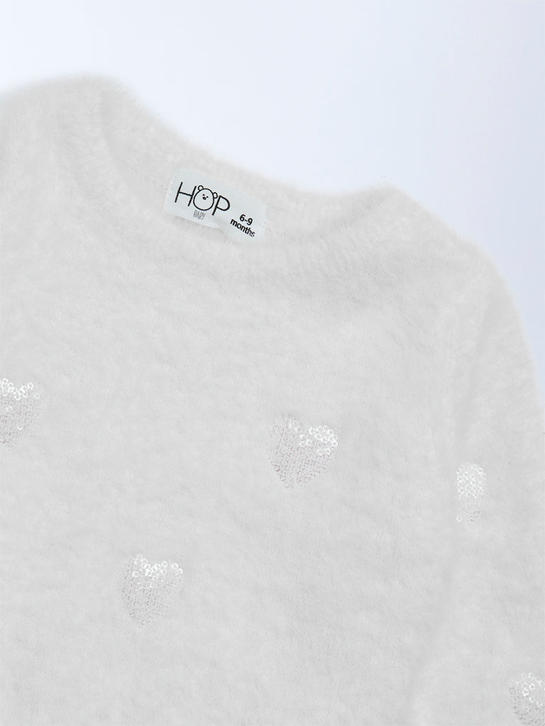 HOP Baby Girls White Embellished Fleece Sweater